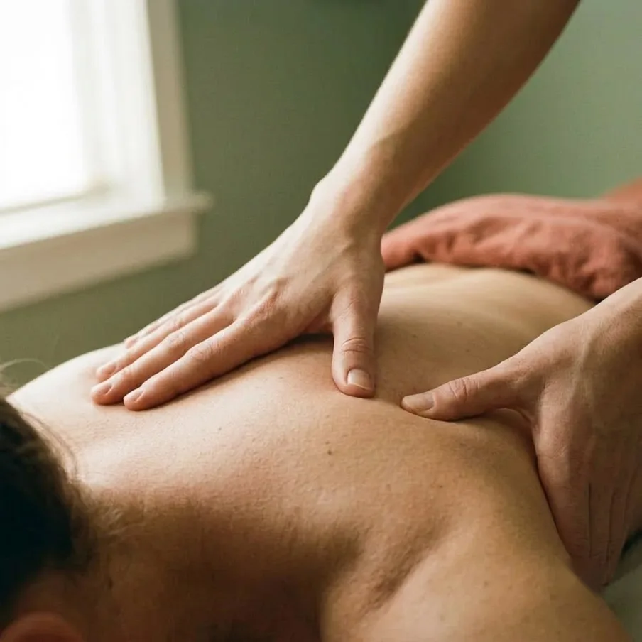 Close-up of a therapist's hands working on a client's shoulder